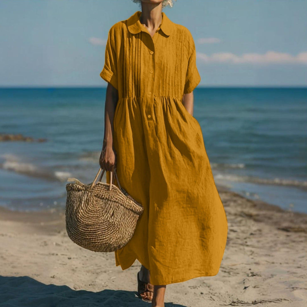 Women's Collared Pintuck Button-Front Gathered Midi Dress