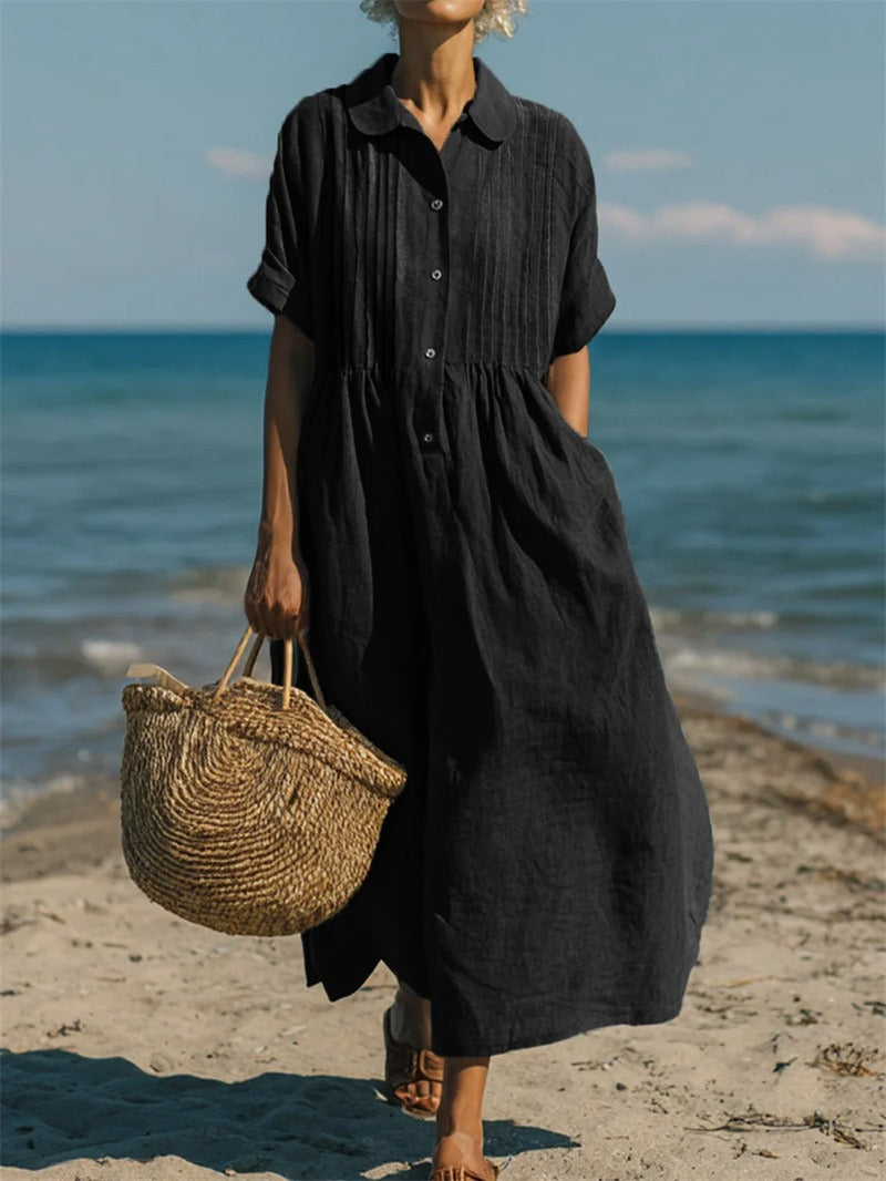 Women's Collared Pintuck Button-Front Gathered Midi Dress