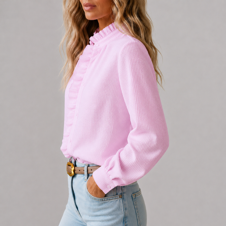 Women's Long Sleeve Button-Down Blouse with Ruffle Collar and Textured Weave
