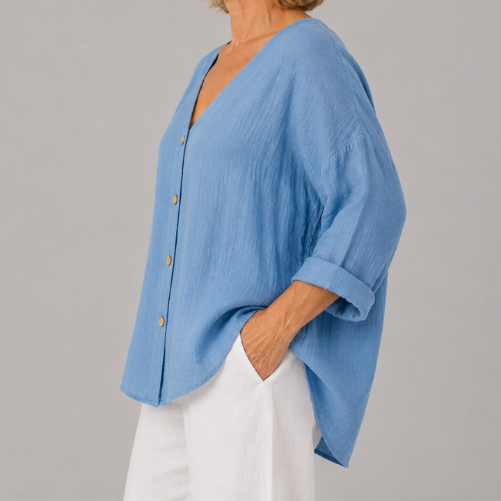 Women's Relaxed Fit V-Neck Blouse with 3/4 Sleeves and Button Front