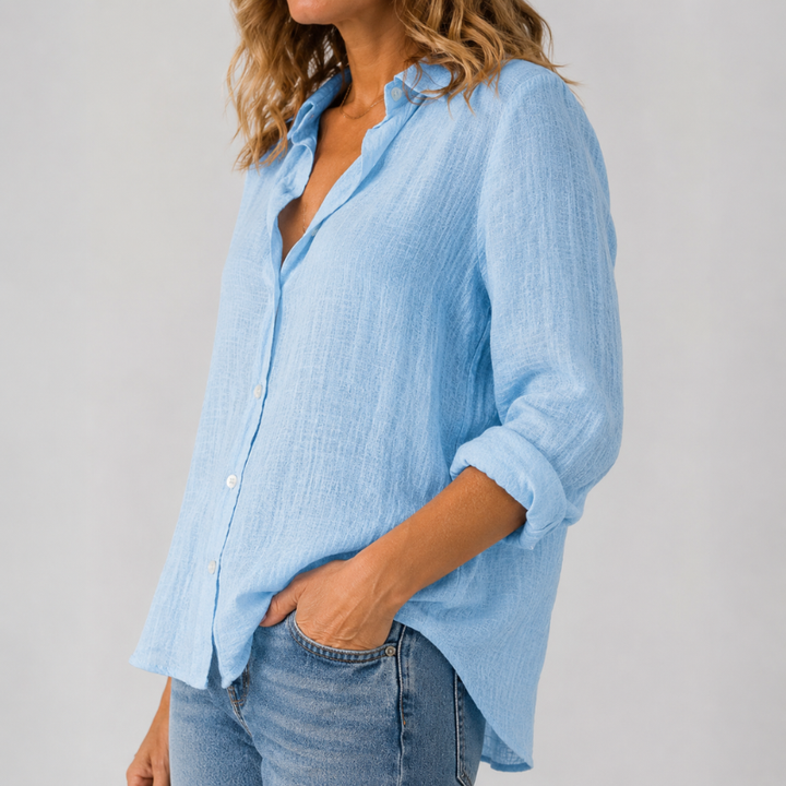 Women's Long Sleeve Button-Down Shirt with Lapel Detail and Curved Hem