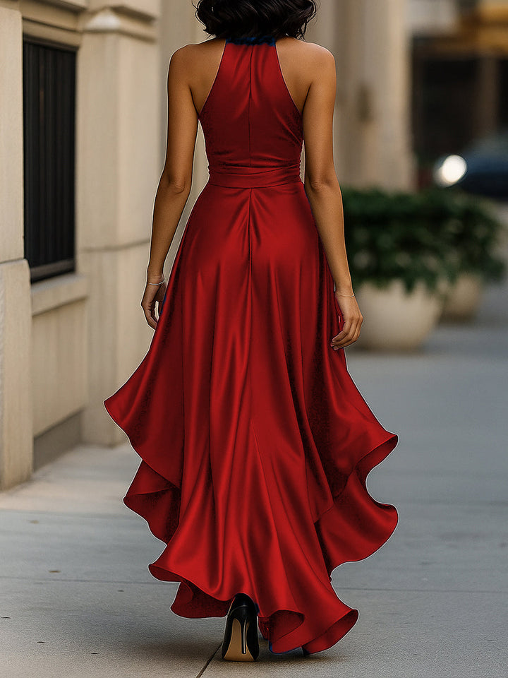 Women's Satin Halter Neck Bow Waist High-Low Ruffle Maxi Gown