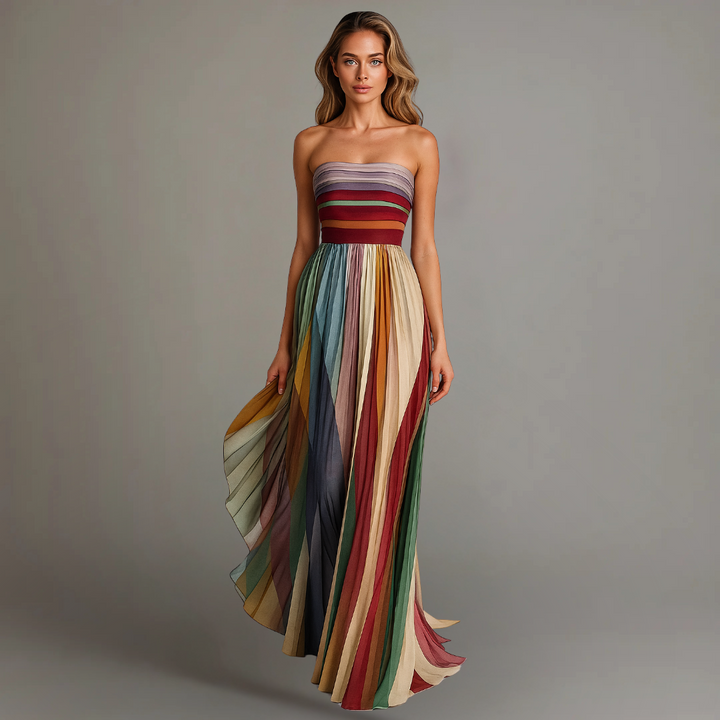 Women's Strapless Striped Pleated Maxi Dress Summer Wedding