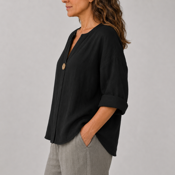 Women's V-Neck Blouse with Single Button Detail and Rolled Sleeves