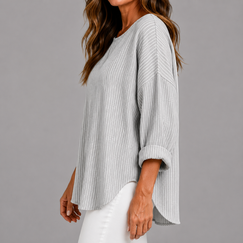Women's Striped Relaxed Fit Top with Round Neck and Rolled Sleeves