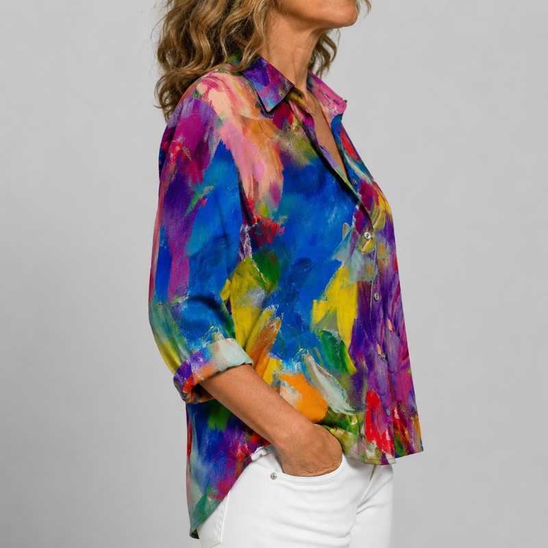 Women's Long Sleeve Button-Up Shirt with Printed Pattern and Rolled Cuffs