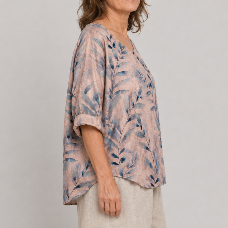 Women's Relaxed Fit Leaf Print Blouse with 3/4 Sleeves and Button Placket