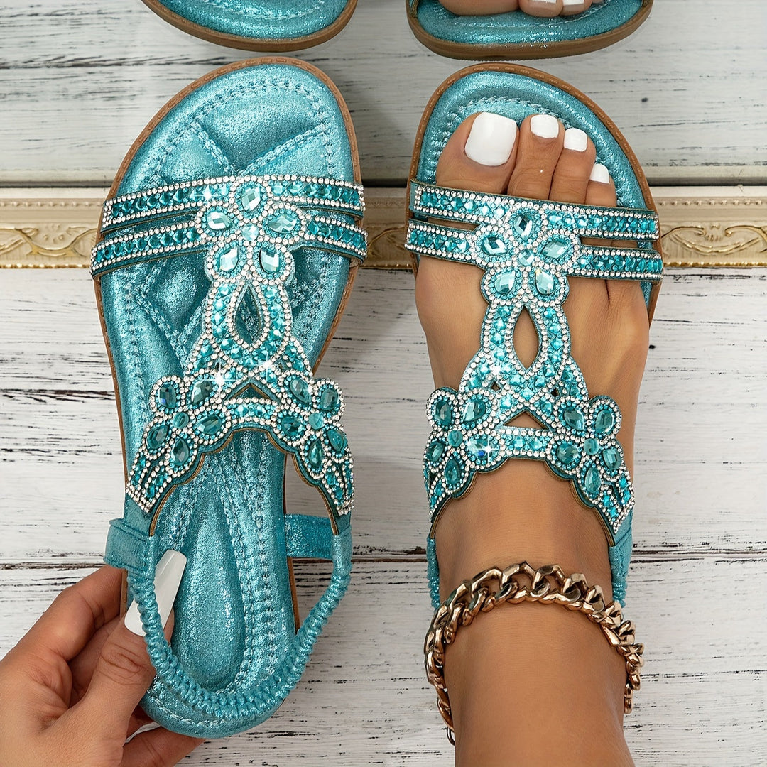 Women's Rhinestone Cutout Flat Sandals Elastic Strap