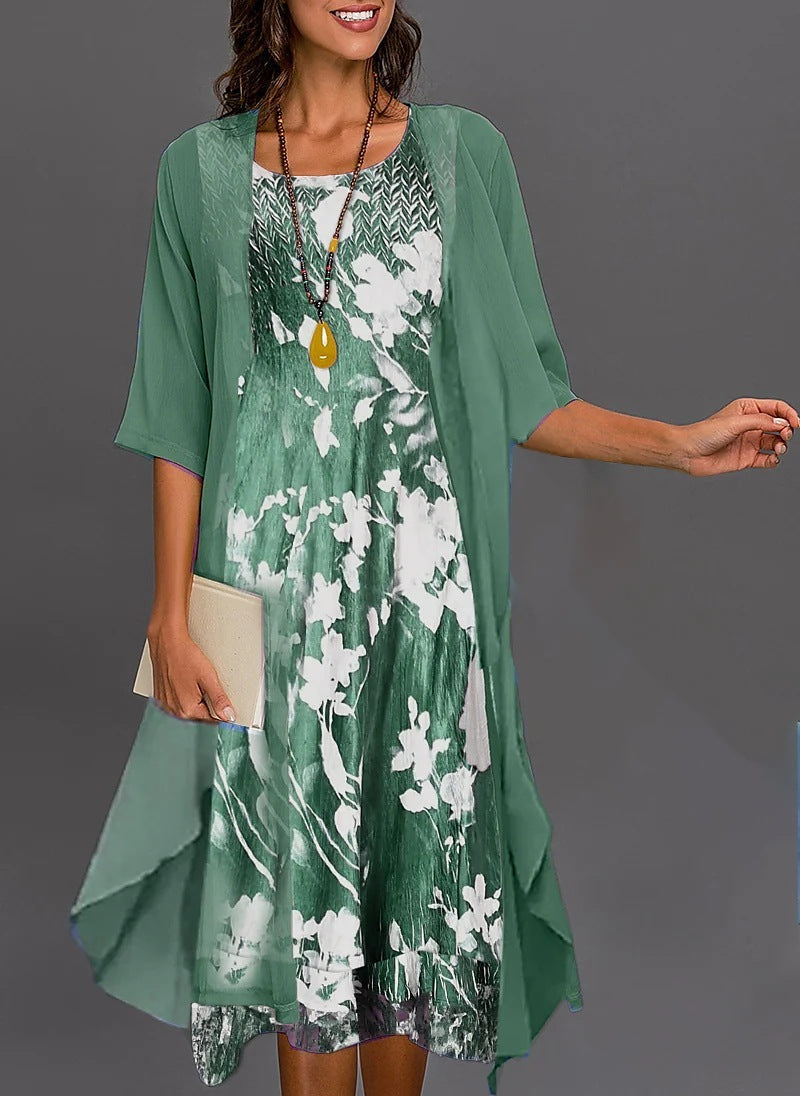 Women's Two-Piece Floral Print Midi Dress and Chiffon Cardigan Set