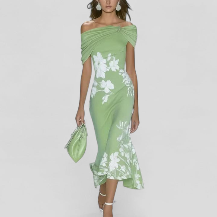 Women's Floral Off Shoulder Midi Dress with Ruffle Hem