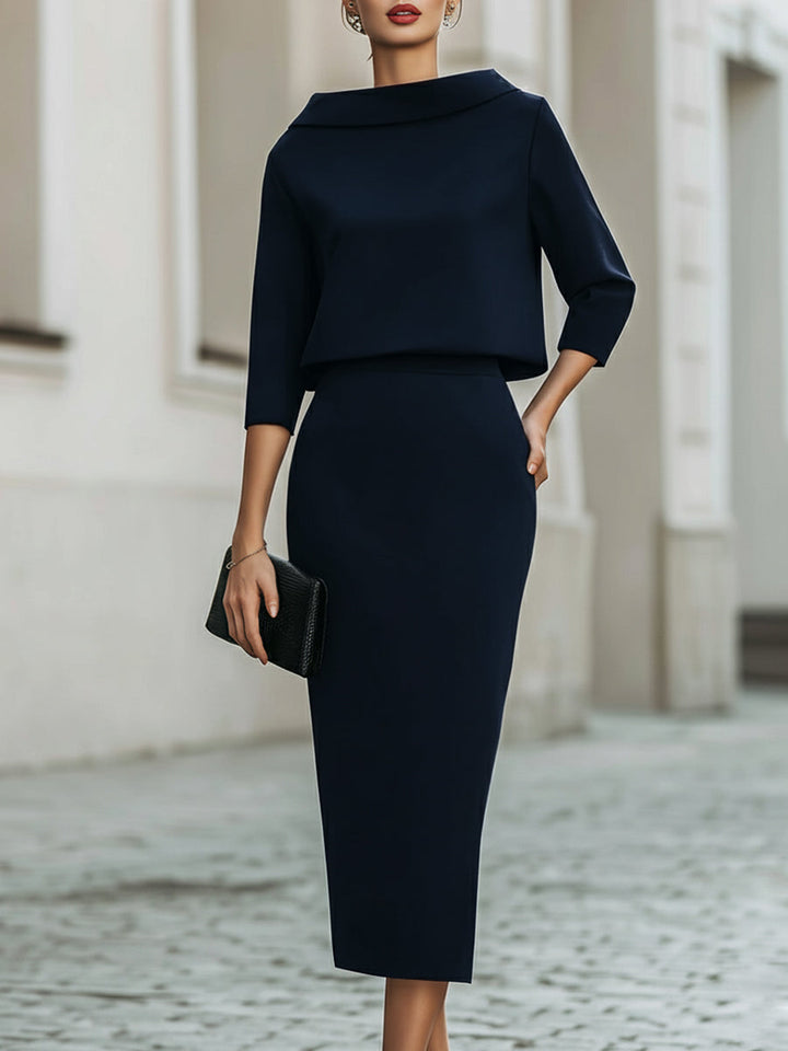 Women's Elegant Cropped Top And Midi Skirt Two-Piece Set with Boat Neckline