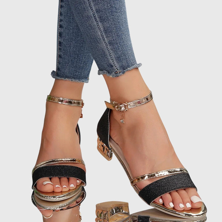 Women's Glitter Block Heel Sandals Ankle Strap Jeweled Heel