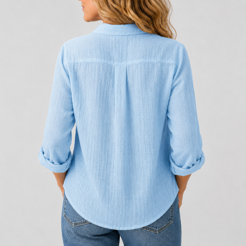Women's Long Sleeve Button-Down Shirt with Lapel Detail and Curved Hem