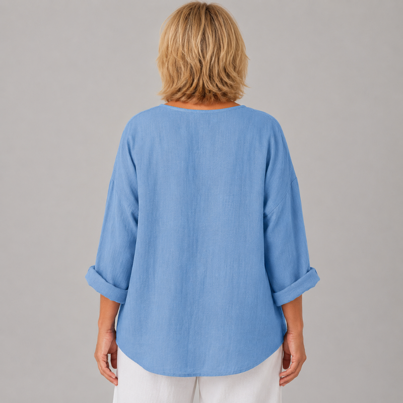 Women's Relaxed Fit V-Neck Blouse with 3/4 Sleeves and Button Front