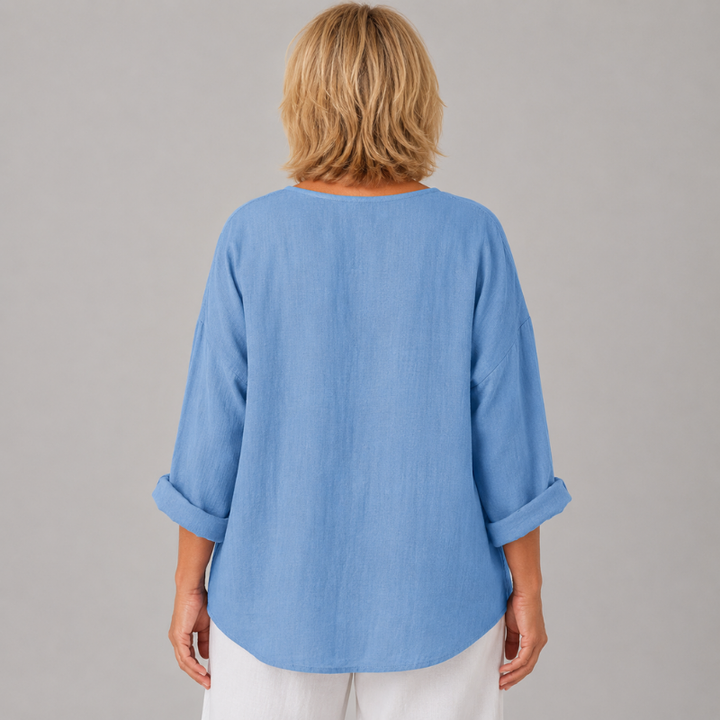 Women's Relaxed Fit V-Neck Blouse with 3/4 Sleeves and Button Front