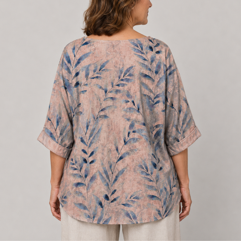 Women's Relaxed Fit Leaf Print Blouse with 3/4 Sleeves and Button Placket