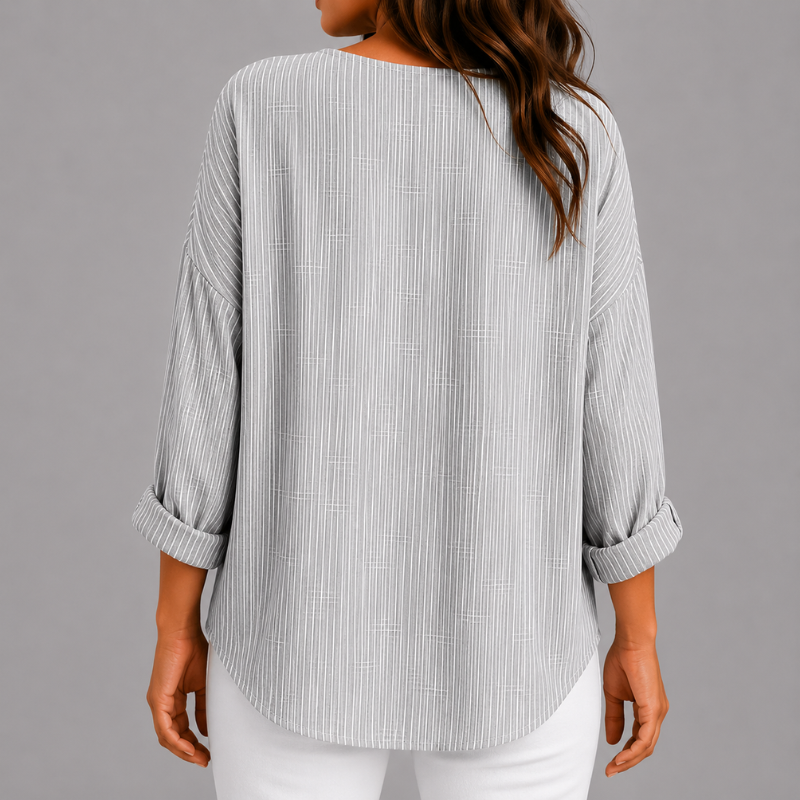 Women's Striped Relaxed Fit Top with Round Neck and Rolled Sleeves