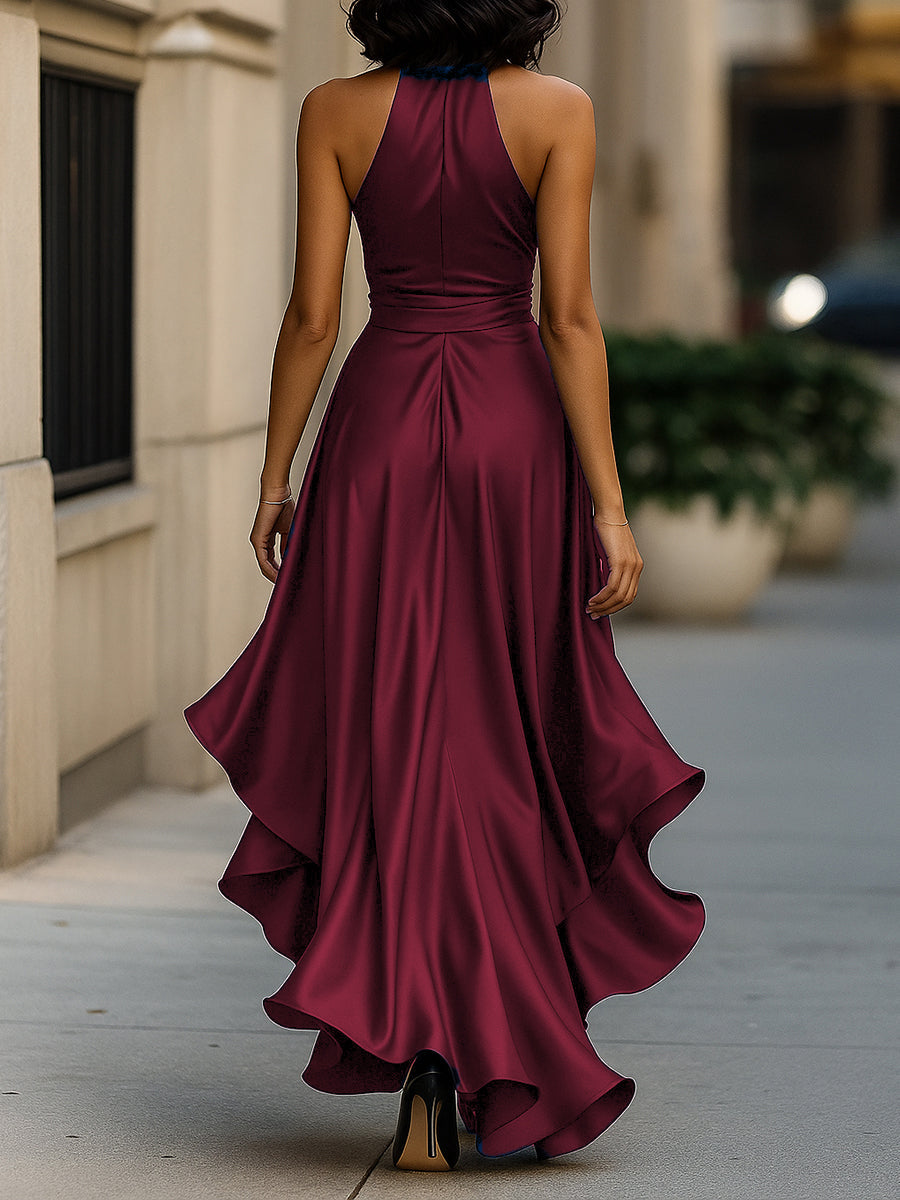 Women's Satin Halter Neck Bow Waist High-Low Ruffle Maxi Gown