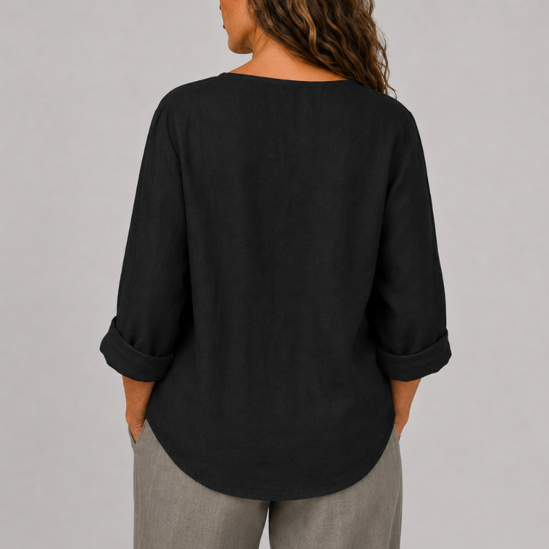 Women's V-Neck Blouse with Single Button Detail and Rolled Sleeves