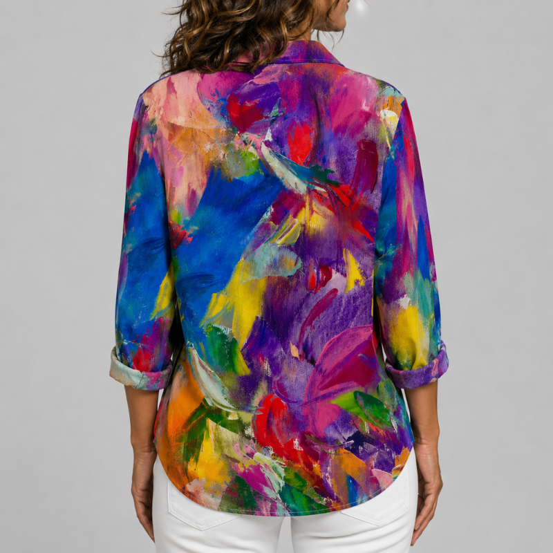 Women's Long Sleeve Button-Up Shirt with Printed Pattern and Rolled Cuffs