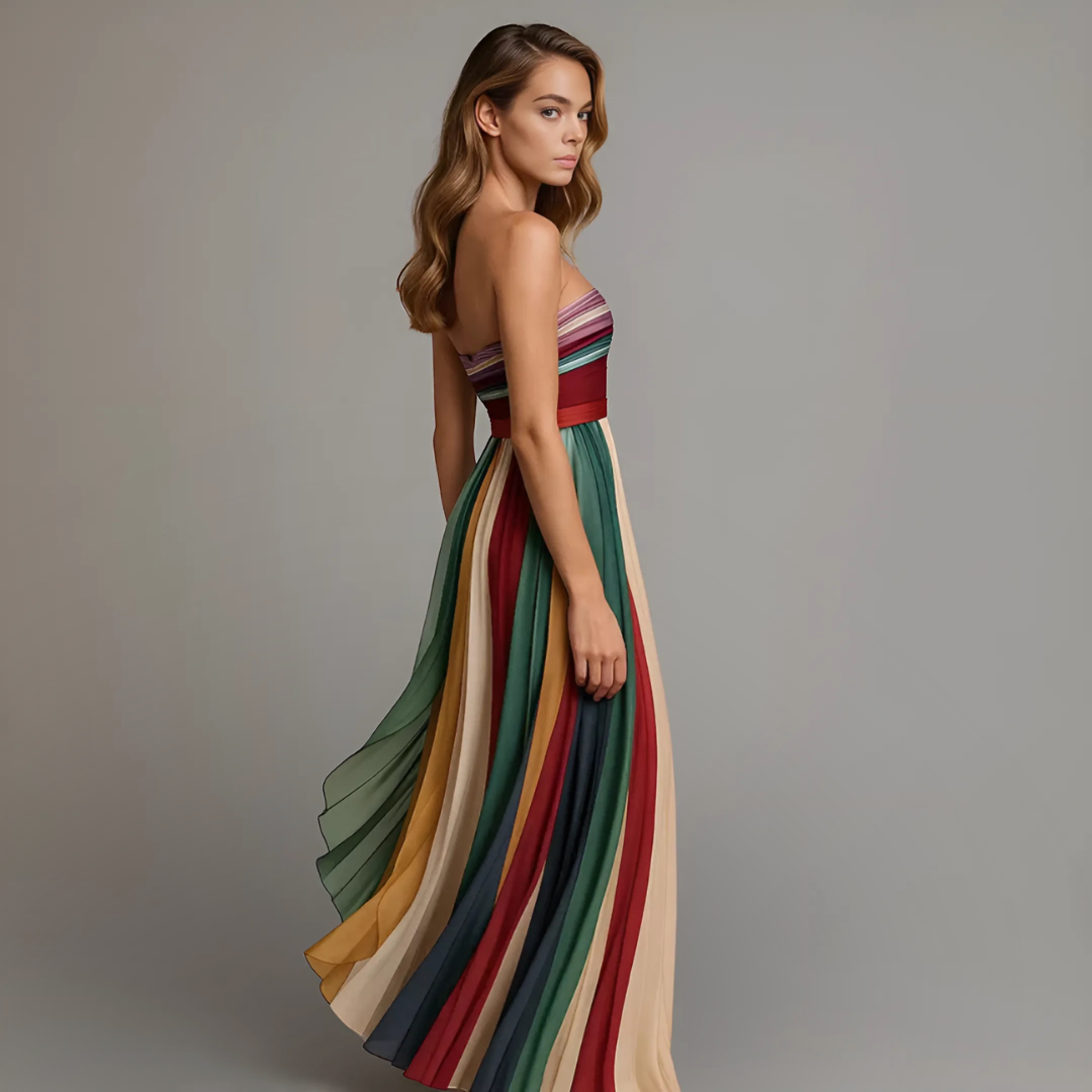 Women's Strapless Striped Pleated Maxi Dress Summer Wedding
