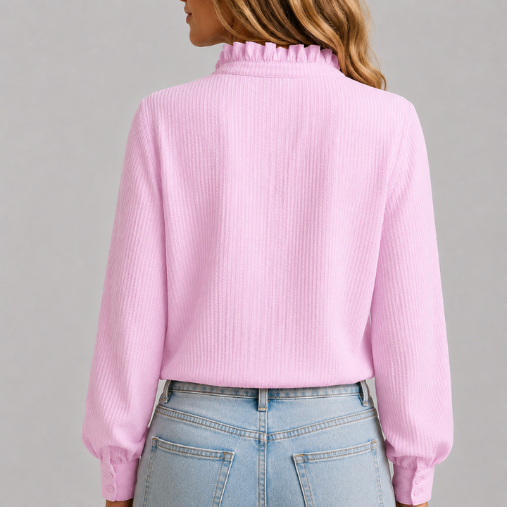 Women's Long Sleeve Button-Down Blouse with Ruffle Collar and Textured Weave