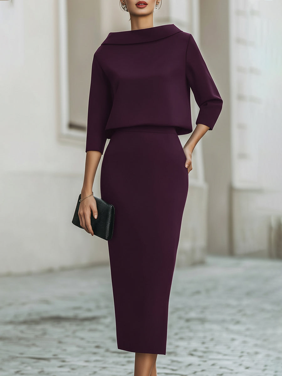 Women's Elegant Cropped Top And Midi Skirt Two-Piece Set with Boat Neckline