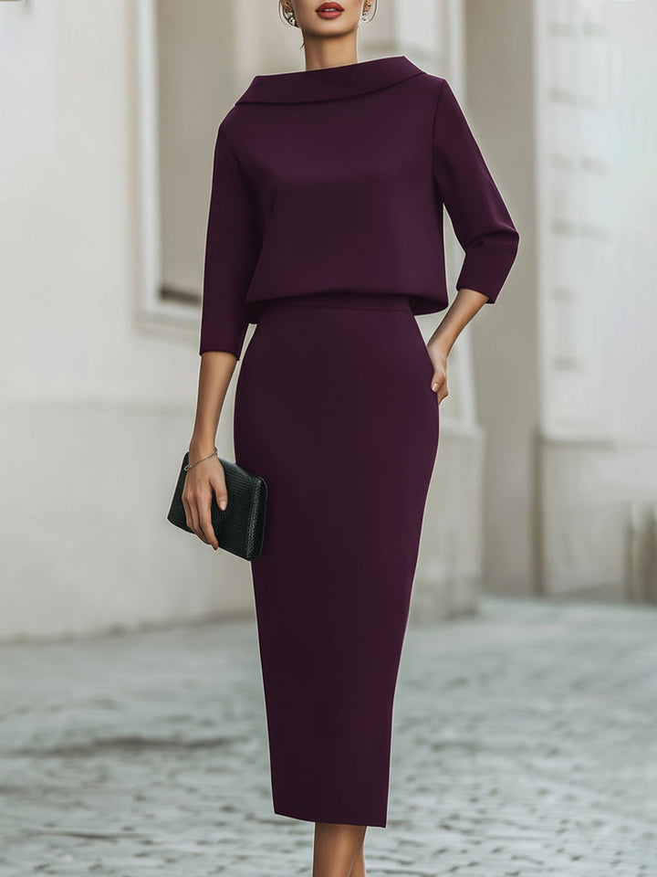 Women's Elegant Cropped Top And Midi Skirt Two-Piece Set with Boat Neckline