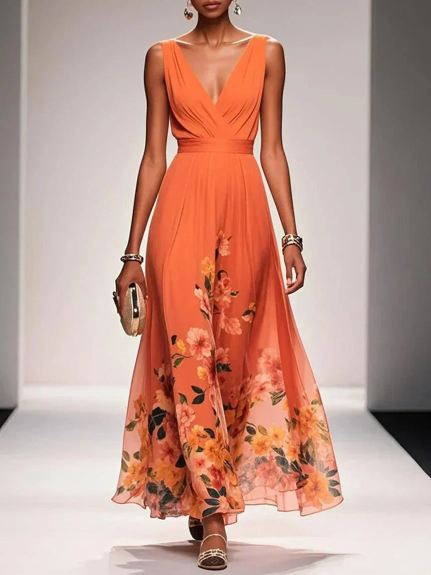 Women's Floral Print Wedding Guest Maxi Dress V-Neck