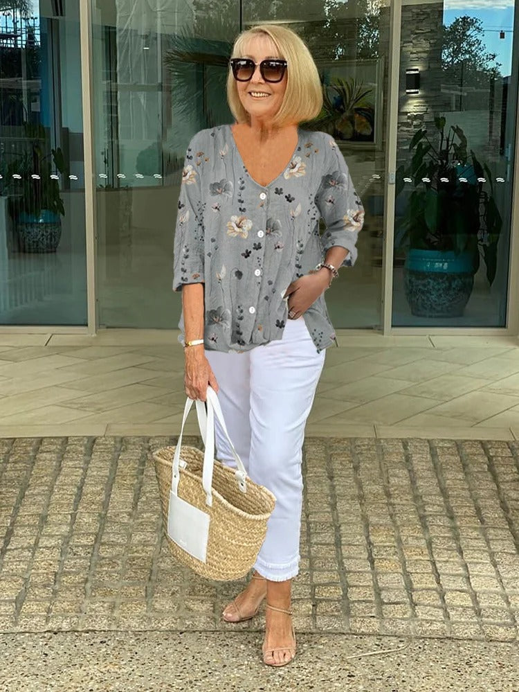Women's Floral Print V-Neck Blouse with Three-Quarter Sleeves and Button Front