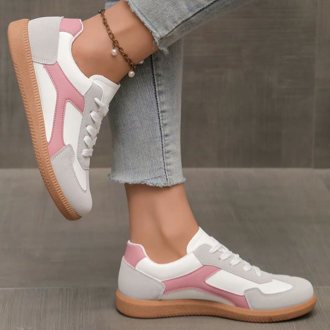 Women's Colour Block Lace-Up Retro Flat Trainers Gum Sole
