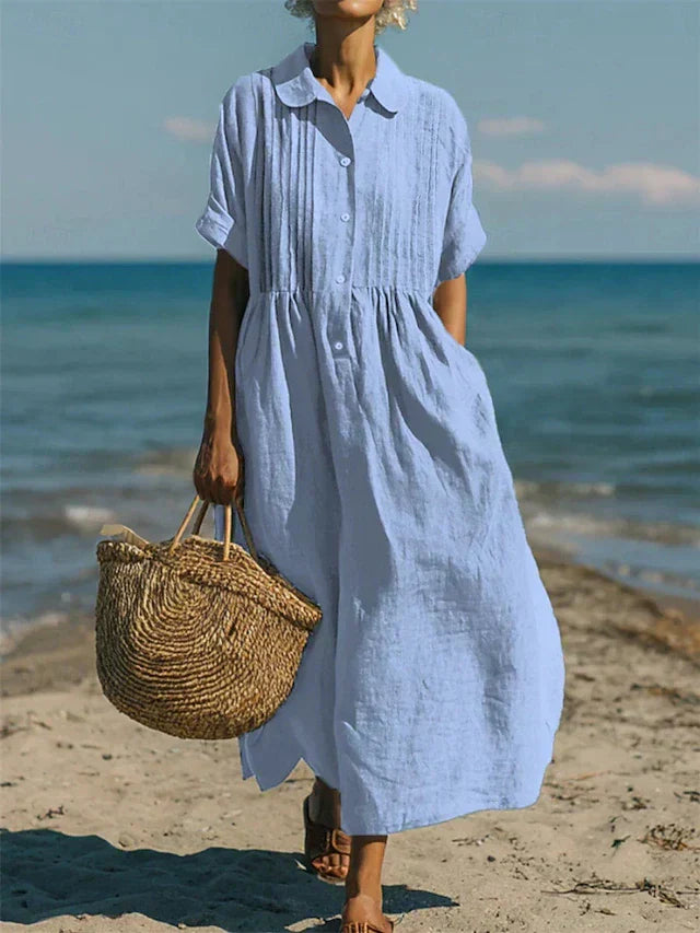 Women's Collared Pintuck Button-Front Gathered Midi Dress