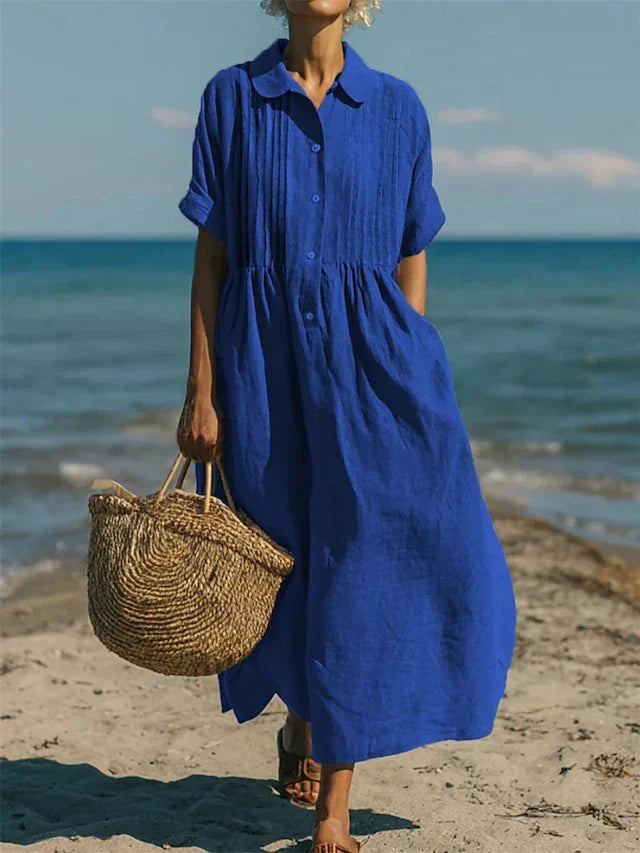 Women's Collared Pintuck Button-Front Gathered Midi Dress