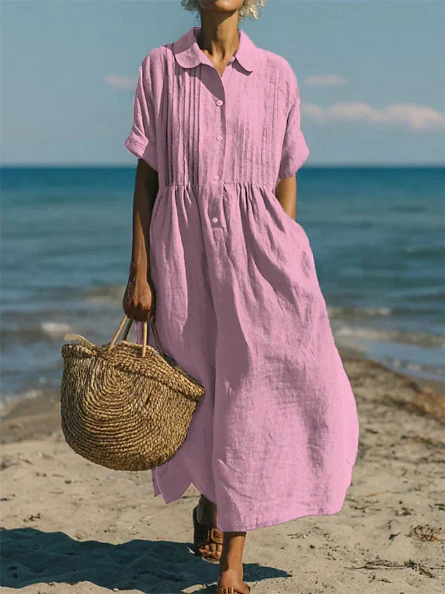 Women's Collared Pintuck Button-Front Gathered Midi Dress