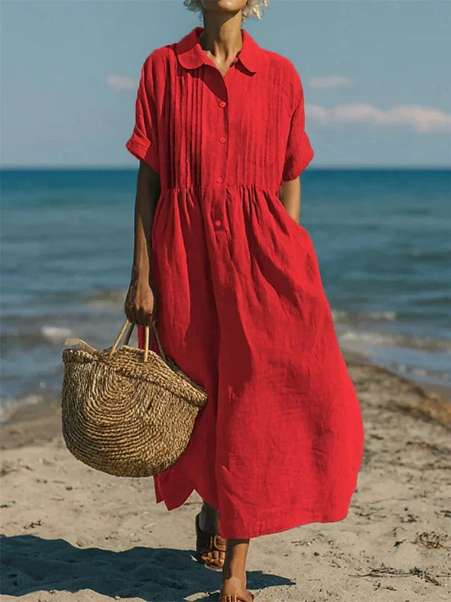 Women's Collared Pintuck Button-Front Gathered Midi Dress