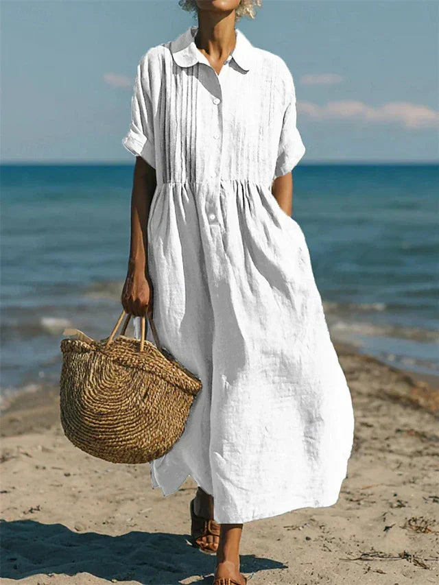 Women's Collared Pintuck Button-Front Gathered Midi Dress
