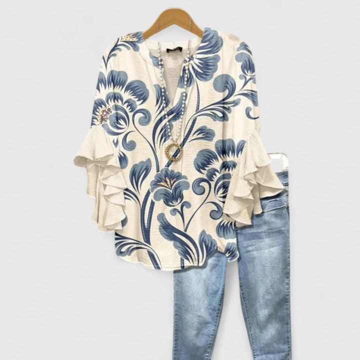 Women's Lace Floral V-Neck Ruffle Bell Sleeve Top