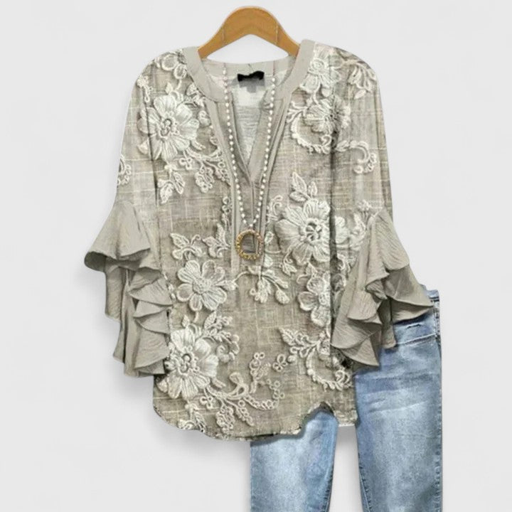 Women's Lace Floral V-Neck Ruffle Bell Sleeve Top