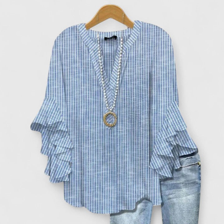 Women's Lace Floral V-Neck Ruffle Bell Sleeve Top