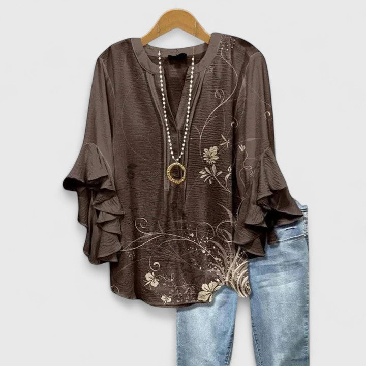 Women's Lace Floral V-Neck Ruffle Bell Sleeve Top