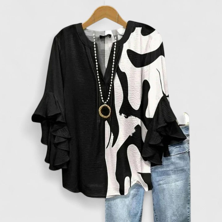 Women's Lace Floral V-Neck Ruffle Bell Sleeve Top