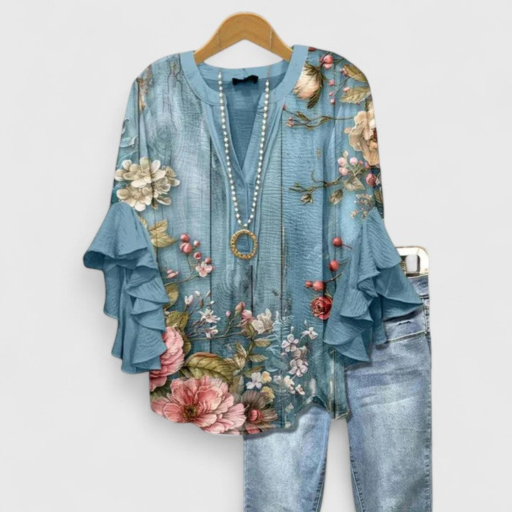 Women's Lace Floral V-Neck Ruffle Bell Sleeve Top