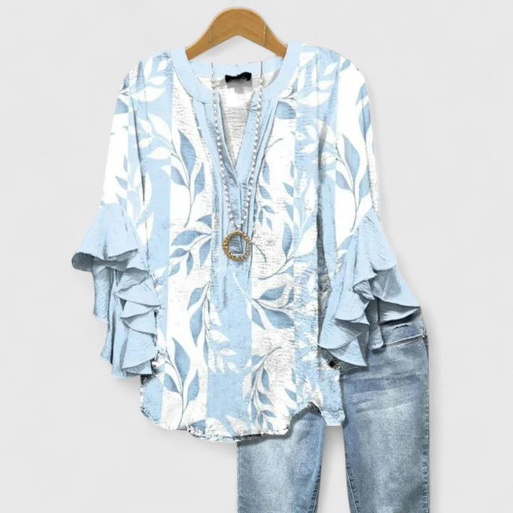 Women's Lace Floral V-Neck Ruffle Bell Sleeve Top