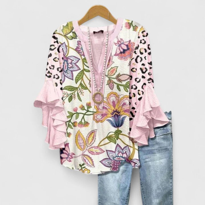 Women's Lace Floral V-Neck Ruffle Bell Sleeve Top