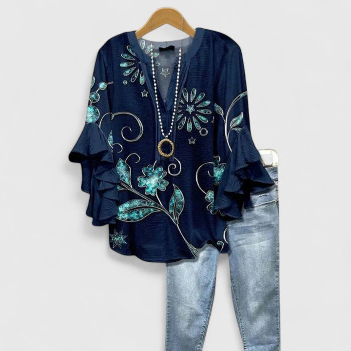 Women's Lace Floral V-Neck Ruffle Bell Sleeve Top