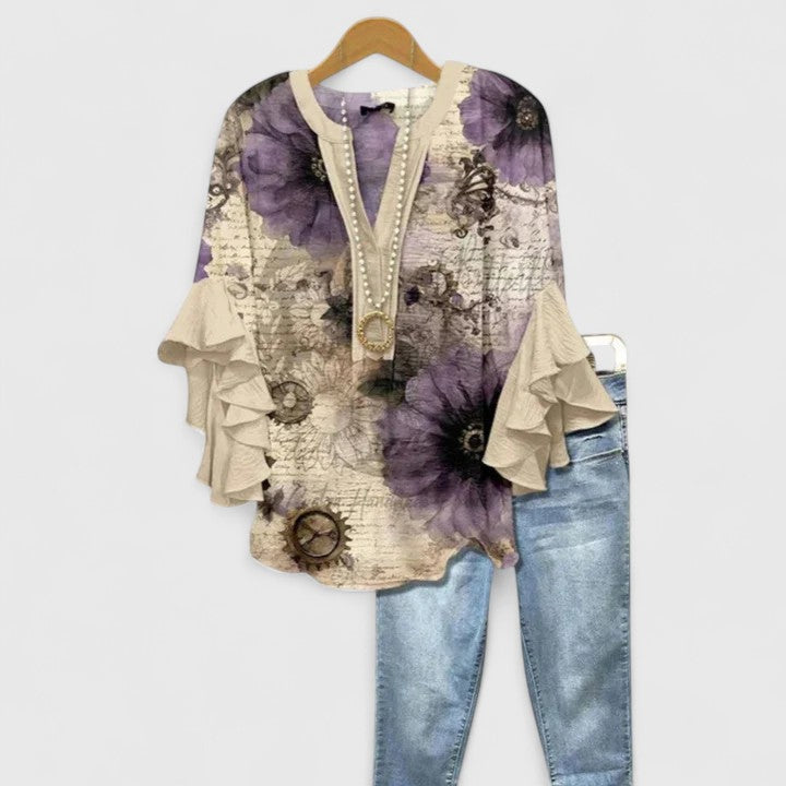 Women's Lace Floral V-Neck Ruffle Bell Sleeve Top