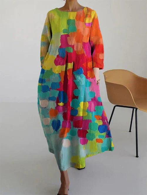 Women's Abstract Print Round Neck Three-Quarter Sleeve Maxi Dress
