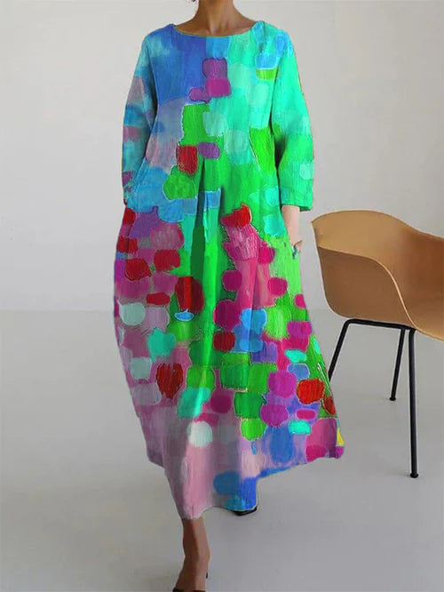Women's Abstract Print Round Neck Three-Quarter Sleeve Maxi Dress