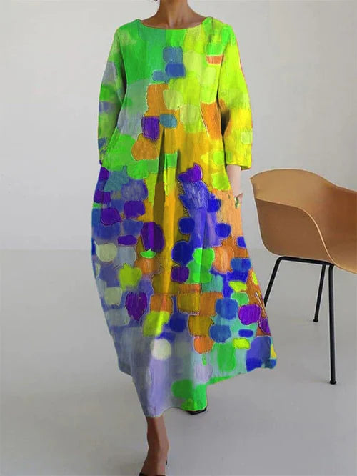 Women's Abstract Print Round Neck Three-Quarter Sleeve Maxi Dress