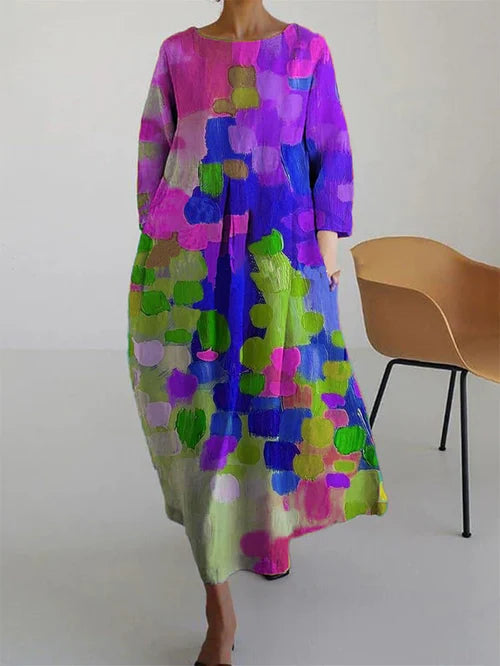 Women's Abstract Print Round Neck Three-Quarter Sleeve Maxi Dress